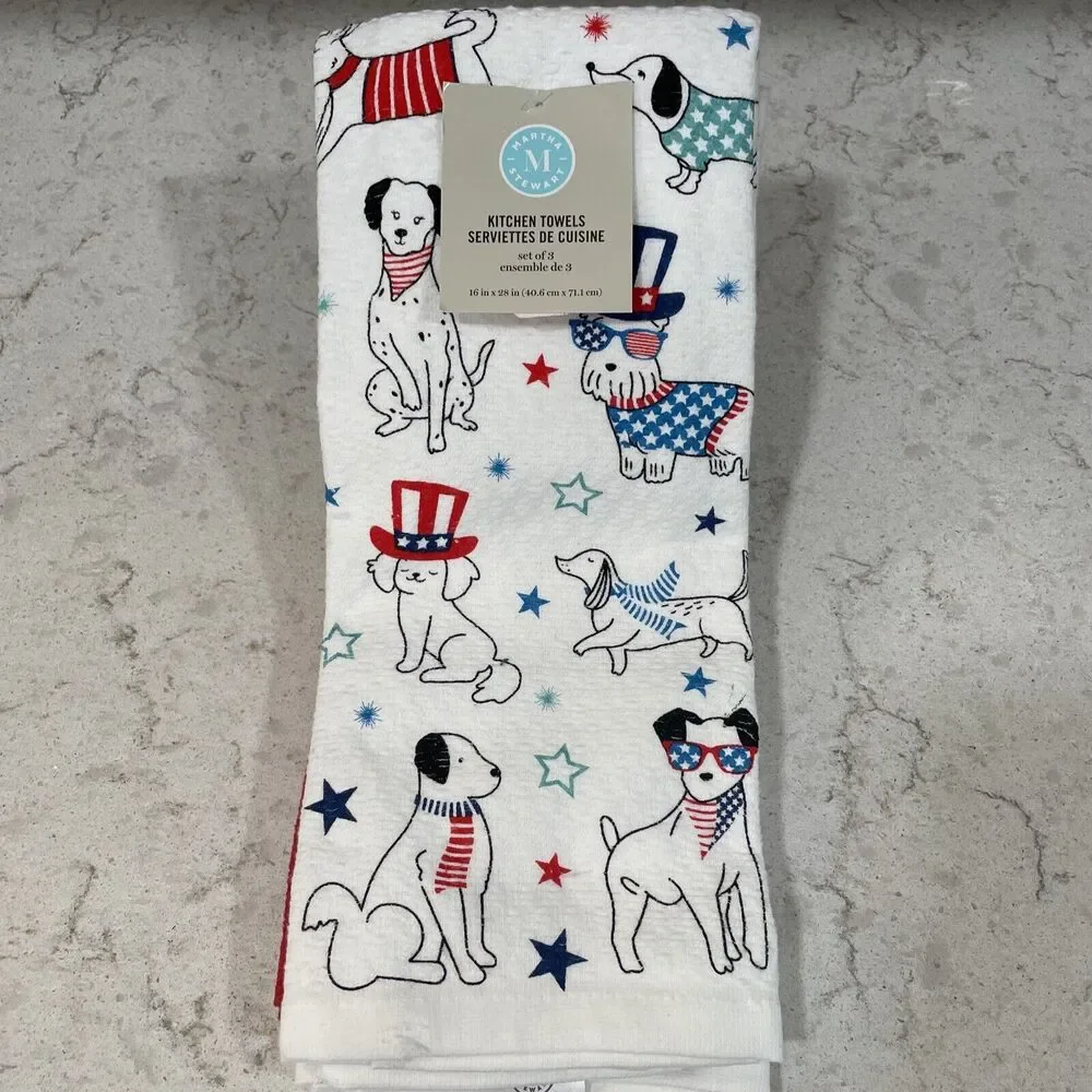 Set of 3 PATRIOTIC DOGS Kitchen Towels DALMATIAN DACHSHUND SCHNAUZER RETRIEVER